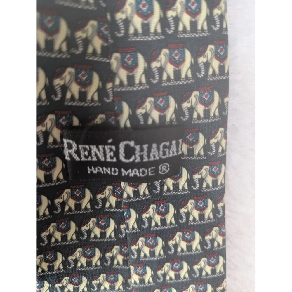 René Chagal Necktie Men's OS Black Elephant Print Hand Made Novelty Silk Tie